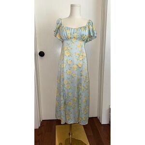 Altar'd State Blue Yellow Floral Satin Midi Dress Tie Back Cutout Small NWT